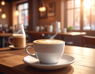 Cup of latte art on wooden table in a cozy cafe, natural light