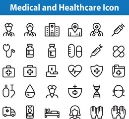 Healthcare icon set. Containing treatment, prevention, medical, health, diagnosis, report, illness, injury and more.
