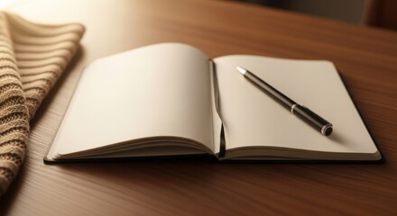 Open notebook and pen on wooden table