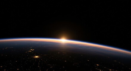 Fototapeta premium Sunrise viewed from orbit over illuminated Earth cities.