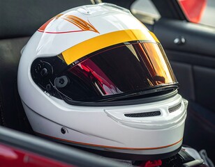 Close-up view of a racing helmet sitting inside a vehicle seat