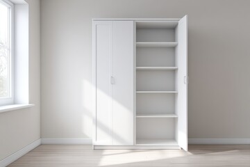 Fototapeta premium Modern white storage cabinet with open shelves and closed doors, positioned in a bright room with natural light streaming through the window, ideal for home organization and decor
