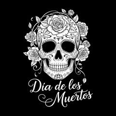Intricate black and white illustration of a decorated sugar skull with roses.
