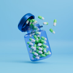 Blue Medicine Bottle with Flying Pills