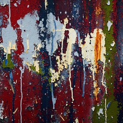 Fototapeta premium Abstract paint splatters and drips on a weathered, textured surface.