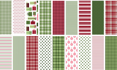 Red and green Christmas seamless pattern set for digital paper, scrapbooking, fabric, gift wrap, backgrounds, borders and more. Gifts, ornaments, polka dot, plaid, stripe, and gingham prints.