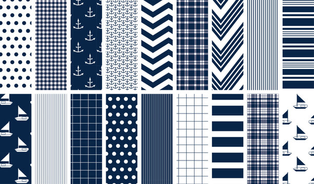 Navy and white nautical seamless pattern set for digital paper, scrapbooking, fabric, gift wrap, backgrounds, borders and more. Anchors, sailboats, stripes, plaids, polka dots and chevron prints.