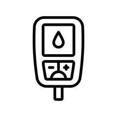 Blood glucose meter test outline icon. Testing strip diabetes. Glucose monitor, glucometer pharmacy, chronic, treatment vector symbol.