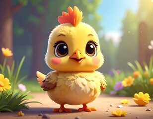 Cute cartoon chick stands on a path, surrounded by flowers and greenery