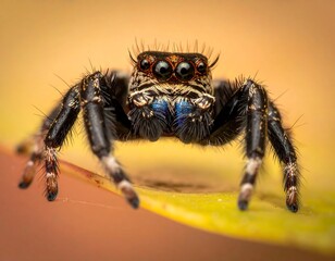 Close-up view of a small jumping spider on a vibrant yellow leaf
