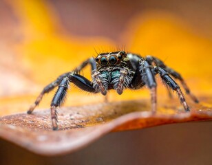 Close-up view of a small spider on a colorful fallen leaf