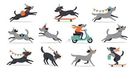 Playful dogs in party hats celebrate with various activities like skateboarding and riding scooters.