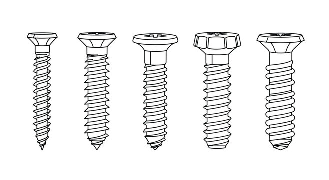 Line art illustration of five different types of screws with threaded shafts and varied heads.