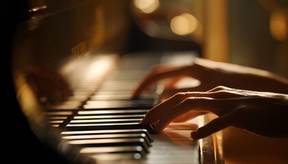 close up on hands of a pianist playing a grand piano under warm studio light