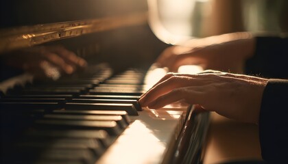 close up on hands of a pianist playing a grand piano under warm studio light