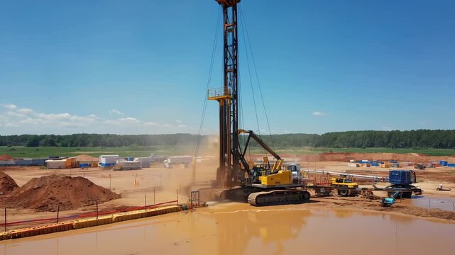 A powerful drilling rig bores deep into the ground, sending muddy water and soil flying as it forms an artesian well.
