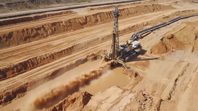 A powerful drilling rig bores deep into the ground, sending muddy water and soil flying as it forms an artesian well.
