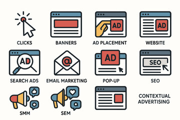 colorful flat icons representing various aspects of digital marketing and advertising. A set of icons for website design or marketing materials.