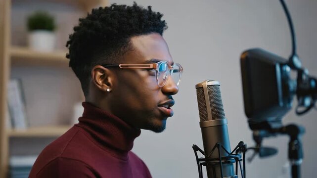 A charismatic Black man with glasses speaks confidently into a microphone, creating engaging content for his audience.
