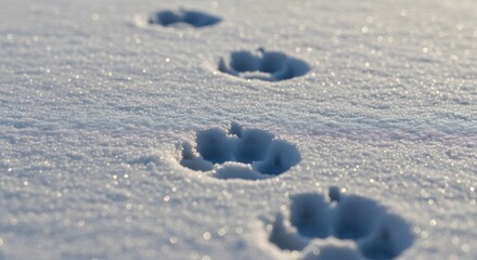 Animal paw prints in fresh snow on a cold winter morning  