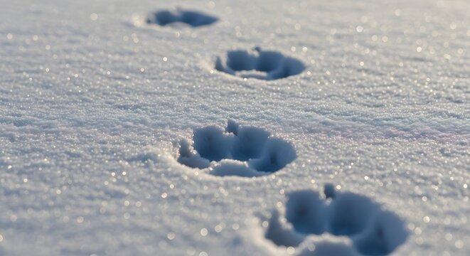 Animal paw prints in fresh snow on a cold winter morning