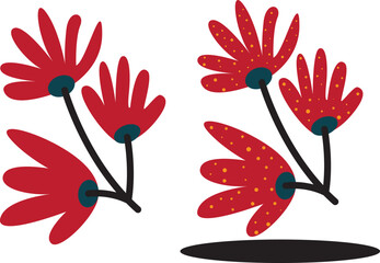 red flower set. flower with shadow vector art. Hand drawn floral design.