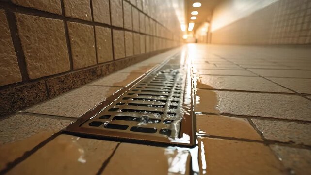 Shot of grated floor drainage channel collecting wastewater efficiently along a tiled corridor demonstrating durability and hygiene features.