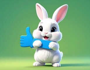 Cute, fluffy white rabbit holding a blue thumbs-up against a green background
