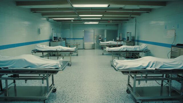 A sterile morgue interior reveals covered bodies on stainless steel tables under cold, clinical lighting.
