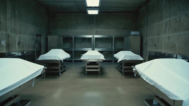 A sterile morgue interior reveals covered bodies on stainless steel tables under cold, clinical lighting.
