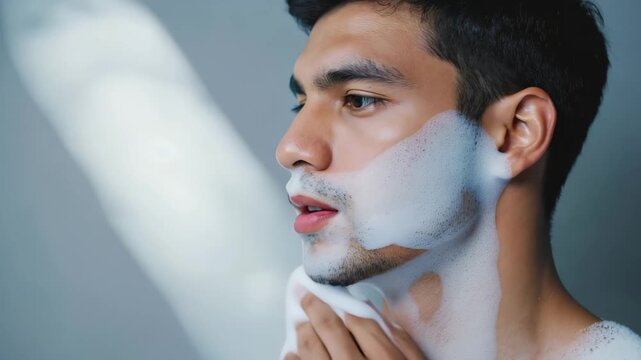 A man gently washes his face with a foaming cleanser, refreshing his skin with a burst of purity.
