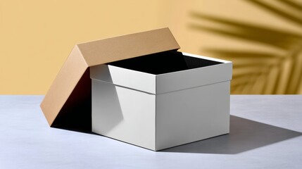 Open white storage box with a brown lid positioned on a smooth surface, casting shadows against a soft yellow background, ideal for showcasing products or creative designs with copy space