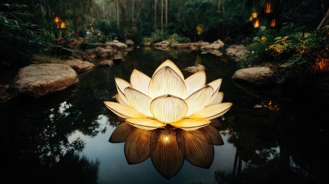 Glowing lotus flower floating on tranquil pond surrounded by greenery  