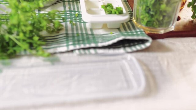 Preparing fresh parsley leaves to freezing for winter.