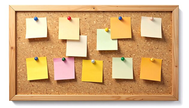Corkboard with ten colorful sticky notes pinned to the surface