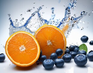 fresh blueberries and oranges with water splash