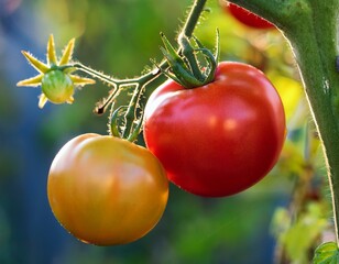 ripe and unripe tomatoes growing on a vine in a vibrant garden during late summer