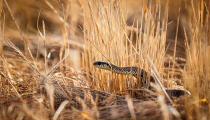 small snake peeking through dry grass and wheat stalks
