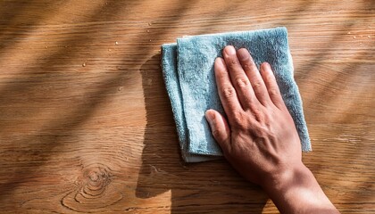 hand wiping wet wooden surface with cleaning cloth