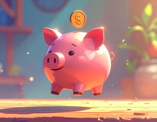 Cute pink piggy bank with a golden coin falling into it