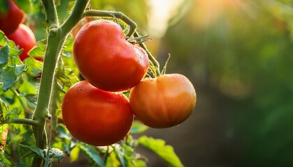 ripe tomatoes growing on the vine in a sunny garden during late summer