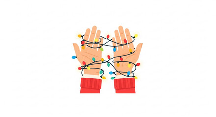 Hands tangled in colorful Christmas lights for New Year, Christmas  