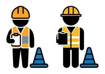 Two construction workers in hard hats and safety vests holding clipboards with traffic cones