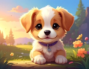 Cute puppy with large eyes sitting in a sunny field