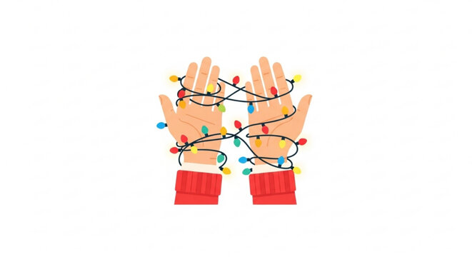 Hands tangled in colorful Christmas lights for New Year, Christmas  