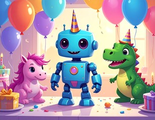 Cute robot, dinosaur, and pony celebrating a colorful birthday