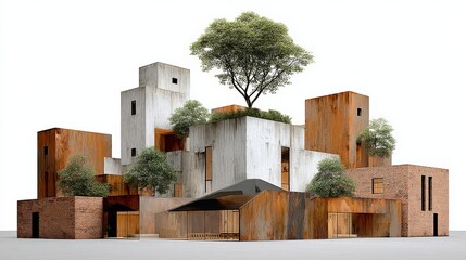 Modern architectural design featuring a cluster of geometric structures with rusted metal and concrete textures, topped with greenery and trees, showcasing innovative urban living concepts and sustain