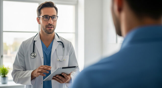 Friendly doctor with a tablet during patient meeting, modern medical office, healthcare advertising, digital health, professional medicine concept photo for clinic website, hospital communication