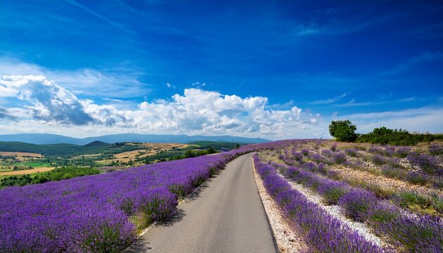 lavender fields stretch along a winding road in a picturesque landscape under a bright blue sky and fluffy clouds