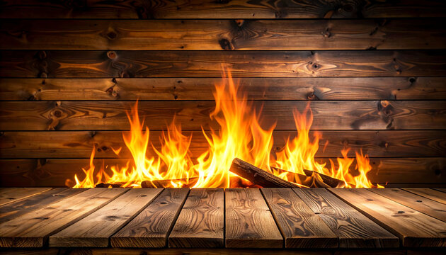 Burning flames over wooden planks rustic warm background studio shot